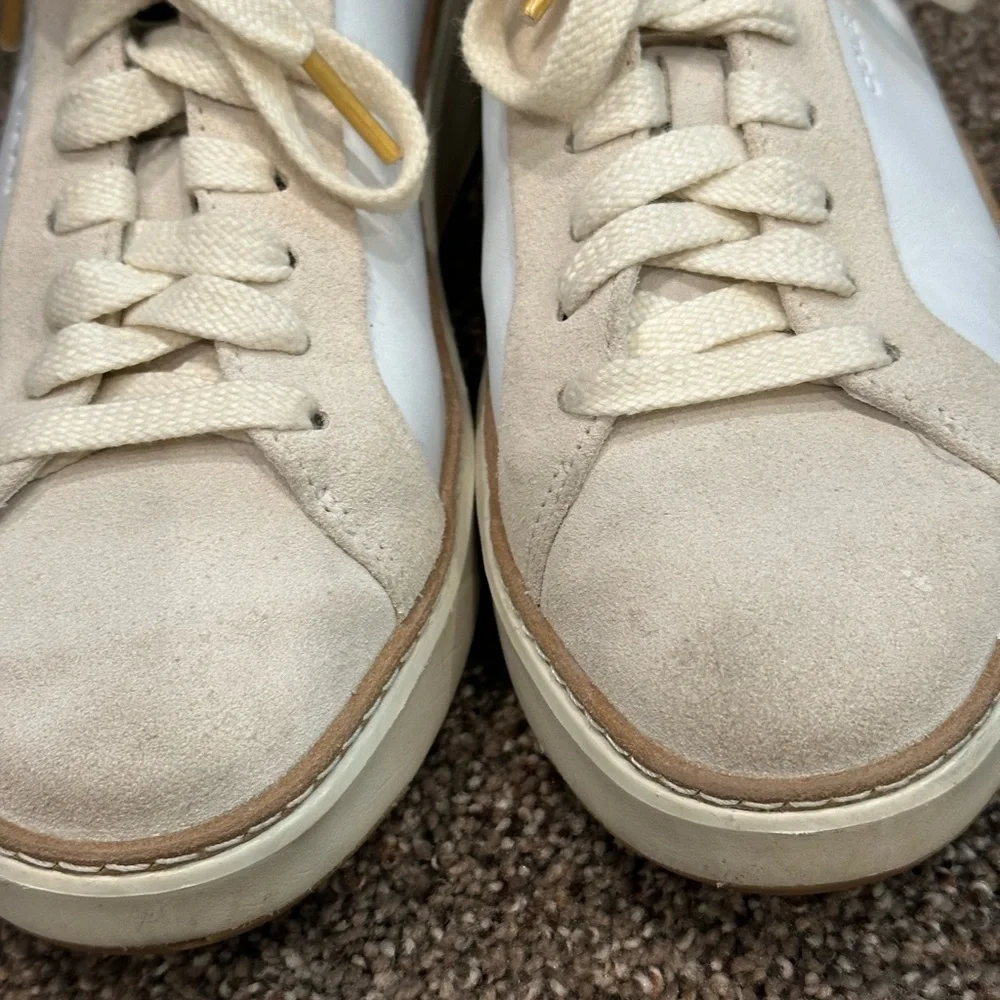 Cole Haan GrandPrø Topspin Sneakers White Leather & Suede Gold Accents Size 6.5